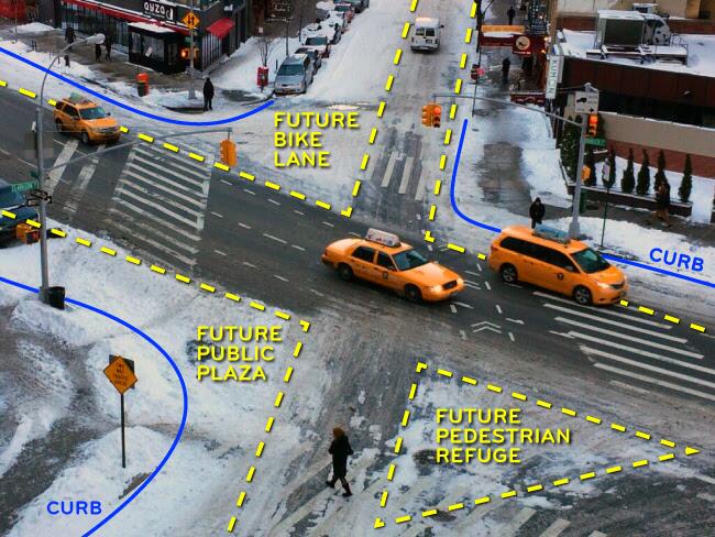 An example of sneckdowns and plowzas on a snow day in New York City. via Wikipedia; User Naparstek