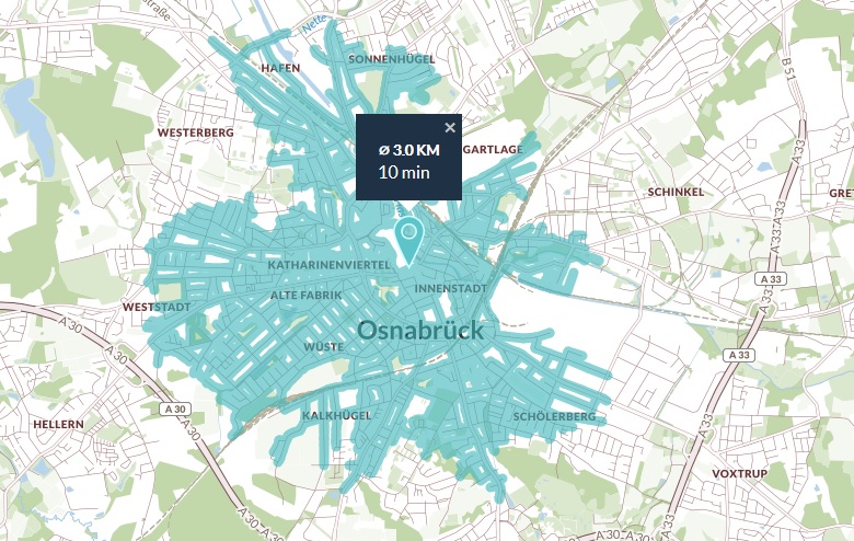Osnabrück in 10 Minuten mit dem Fahrrad. Screenshot: Bike Citizens