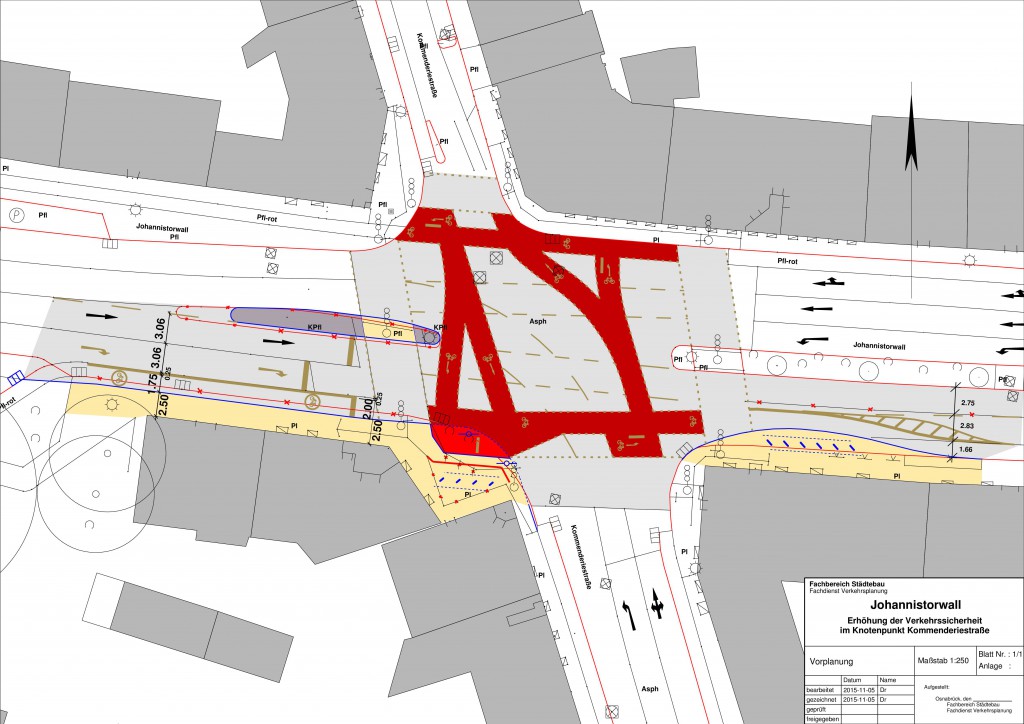 So soll die Kreuzung umgestaltet werden. Der von links kommenden Verkehr, der rechts in die Kommenderiestraße abbiegen will, soll seine eigene Spur bekommen.